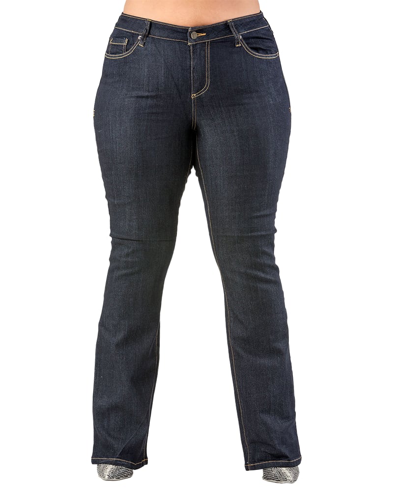 Front of a model wearing a size 14 Tory 5-Pocket Style Slim Bootcut Jeans in Rinse Blue by Standards & Practices. | dia_product_style_image_id:275979